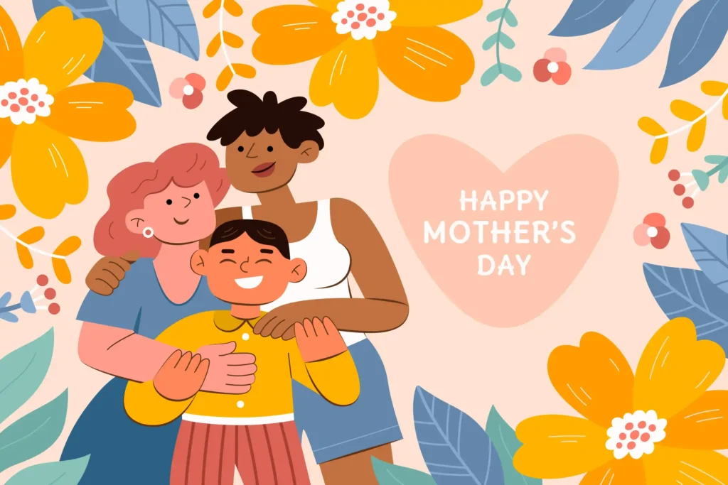 Ilustração de três pessoas se abraçando em meio a flores coloridas com mensagem de Dia das Mães