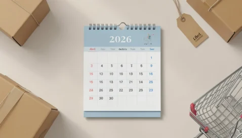 Calendário de abril com elementos de e-commerce como caixas e carrinho, representando oportunidades de vendas após a Páscoa