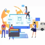 Ilustração de equipe gerenciando loja online com monitor, entrega, pagamento e logística, representando a gestão completa da loja no Mercado Livre para iniciantes