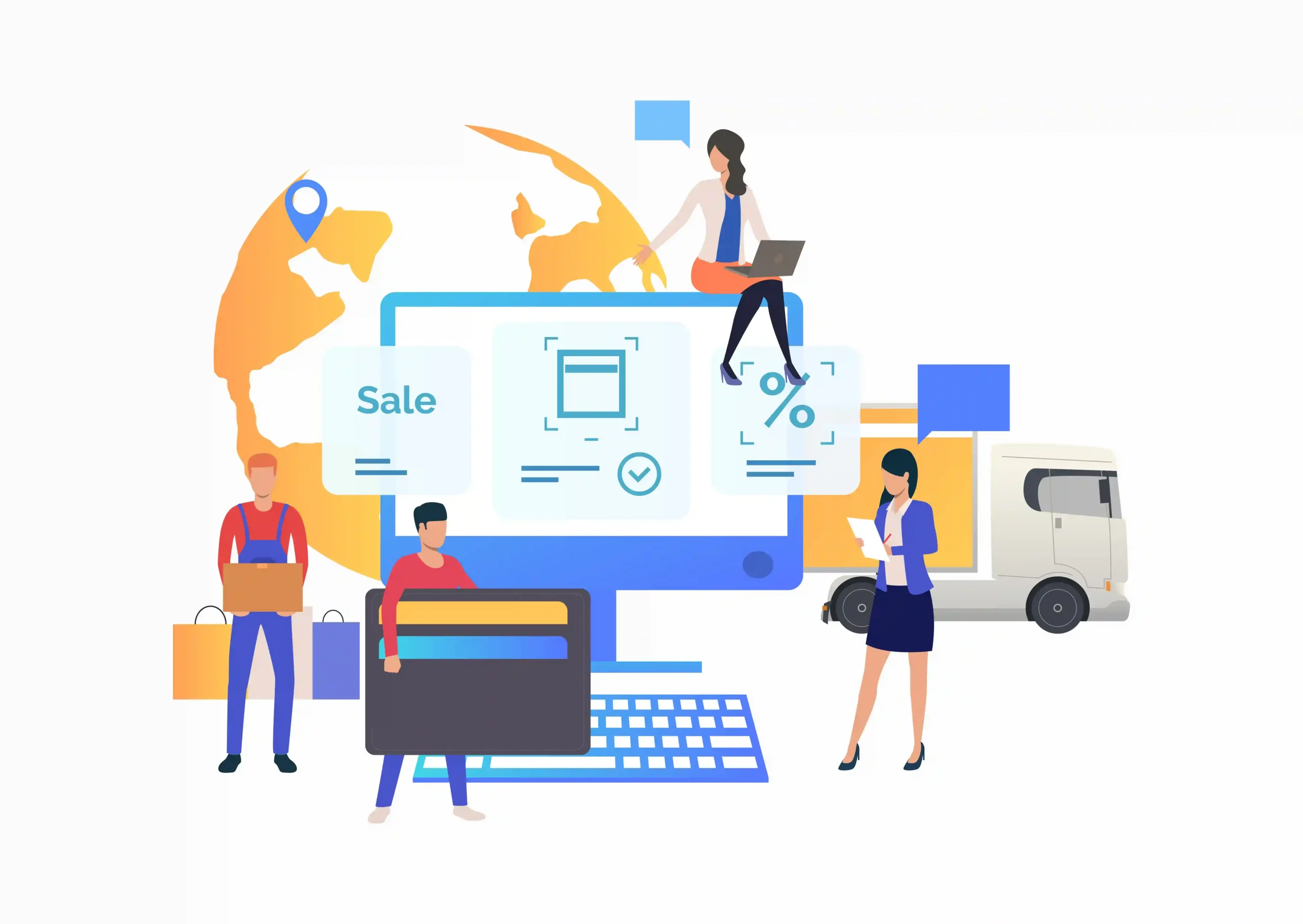 Ilustração de equipe gerenciando loja online com monitor, entrega, pagamento e logística, representando a gestão completa da loja no Mercado Livre para iniciantes