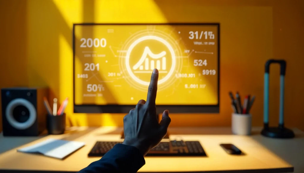 Pessoa apontando para tela com gráfico de crescimento e indicadores de desempenho em um painel digital