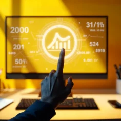 Pessoa apontando para tela com gráfico de crescimento e indicadores de desempenho em um painel digital