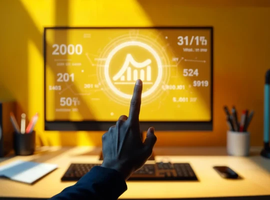 Pessoa apontando para tela com gráfico de crescimento e indicadores de desempenho em um painel digital