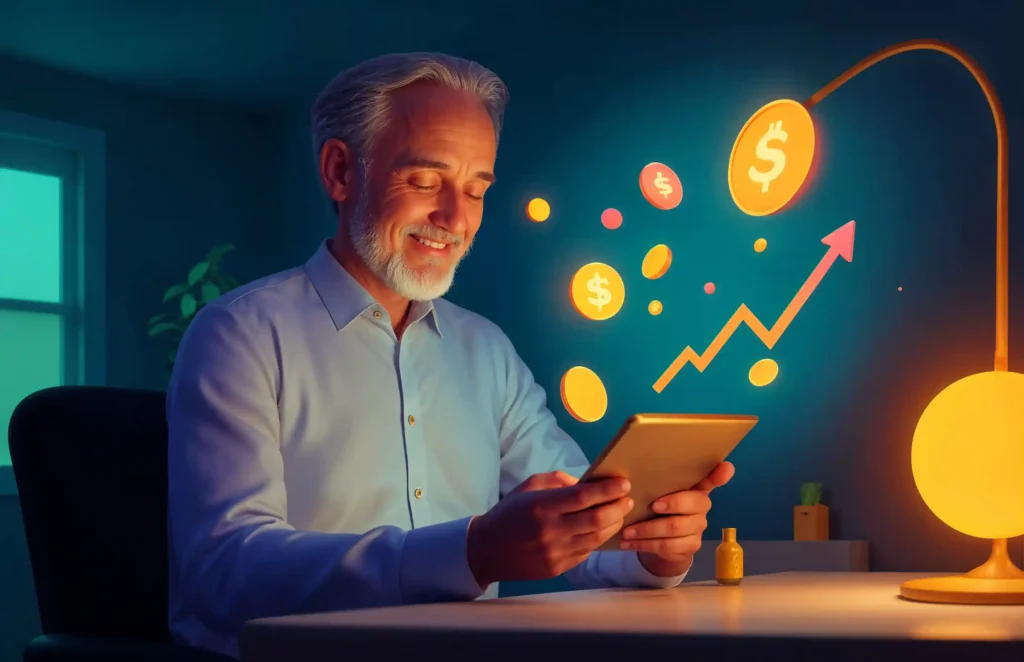 Pessoa segurando tablet com projeções digitais de moedas, cifrões e seta de crescimento, simbolizando impacto financeiro