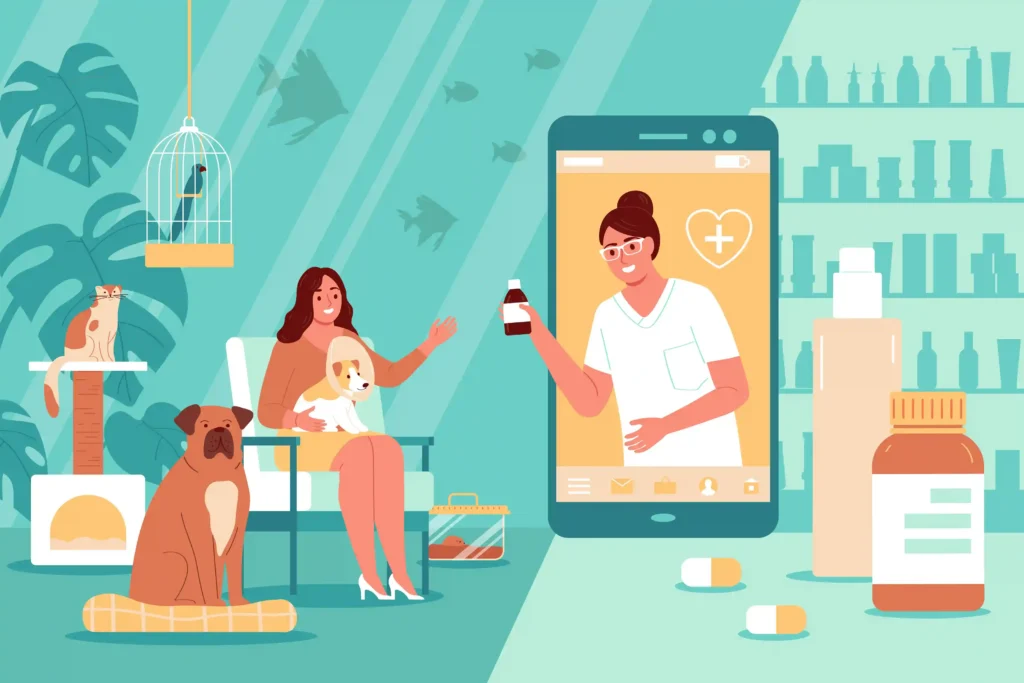 Ilustração de tutora com pets e veterinária em smartphone oferecendo produto, representando a expansão do mercado pet no e-commerce em 2026