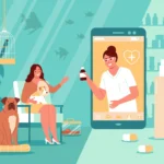 Ilustração de tutora com pets e veterinária em smartphone oferecendo produto, representando a expansão do mercado pet no e-commerce em 2026