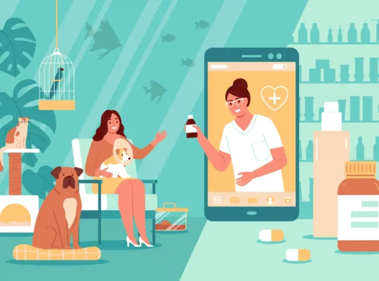 Ilustração de tutora com pets e veterinária em smartphone oferecendo produto, representando a expansão do mercado pet no e-commerce em 2026
