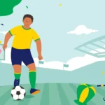 Ilustração de jogador brasileiro em campo com bola e elementos festivos como bandeiras e confetes