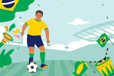 Ilustração de jogador brasileiro em campo com bola e elementos festivos como bandeiras e confetes