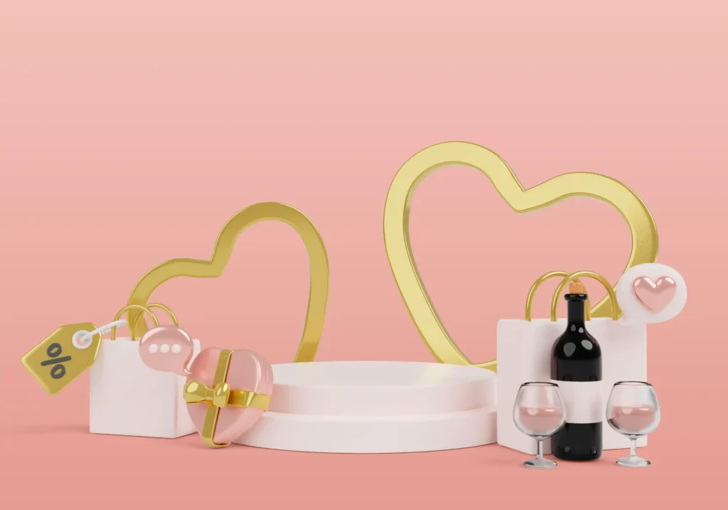 Composição romântica com sacolas de compras, presentes e taças de vinho, representando kits e combinações de produtos