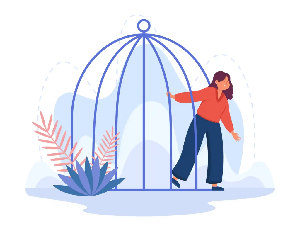 Ilustração de pessoa saindo de uma gaiola aberta, simbolizando liberdade e superação de armadilhas nas decisões