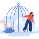 Ilustração de pessoa saindo de uma gaiola aberta, simbolizando liberdade e superação de armadilhas nas decisões