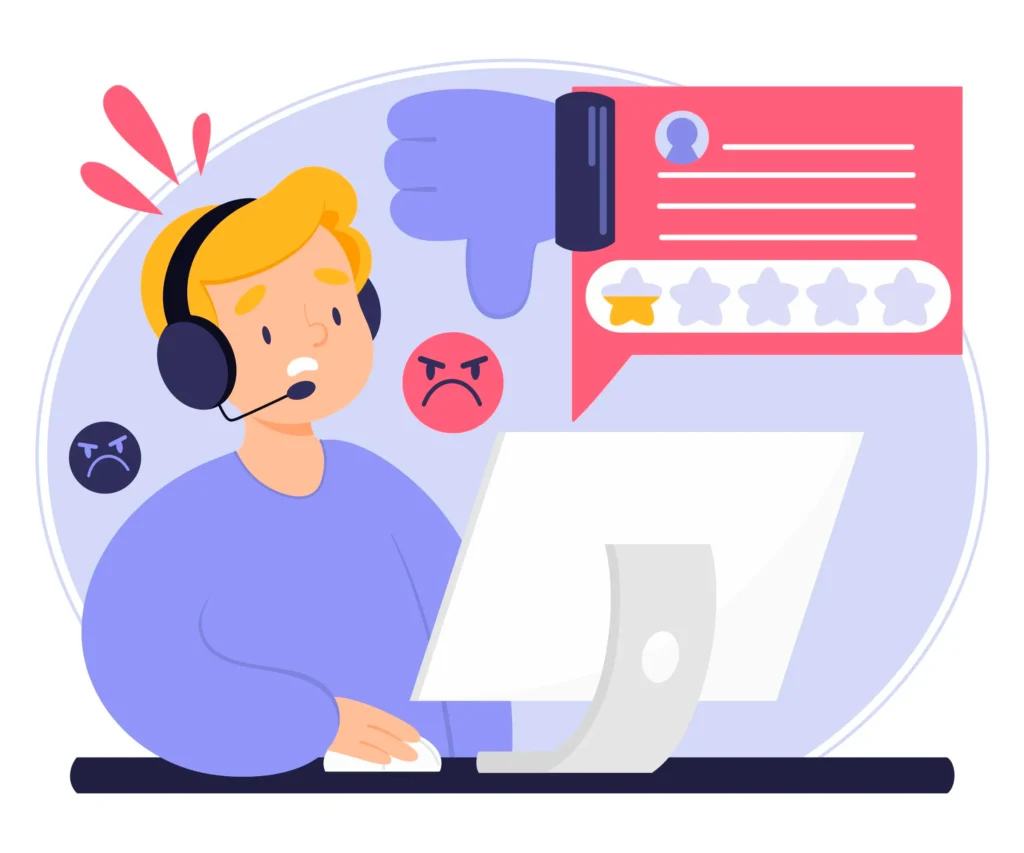 Ilustração de atendente preocupado diante de avaliação negativa e emoji raivoso, representando o processo de como responder reclamação no Mercado Livre