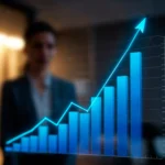 Gráfico de barras azuis com tendência de crescimento ascendente e seta iluminada apontando para cima, ilustrando o crescimento do varejo em março de 2026