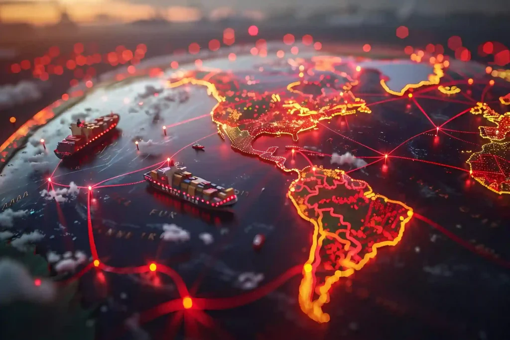 Mapa global iluminado com rotas de navios cargueiros conectando continentes, ilustrando como a busca por imagem do JoomPulse ajuda a encontrar fornecedores e importar produtos da China