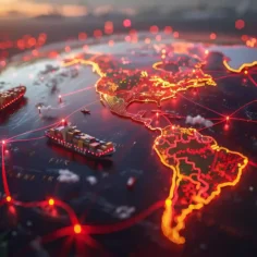 Mapa global iluminado com rotas de navios cargueiros conectando continentes, ilustrando como a busca por imagem do JoomPulse ajuda a encontrar fornecedores e importar produtos da China