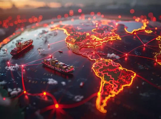 Mapa global iluminado com rotas de navios cargueiros conectando continentes, ilustrando como a busca por imagem do JoomPulse ajuda a encontrar fornecedores e importar produtos da China