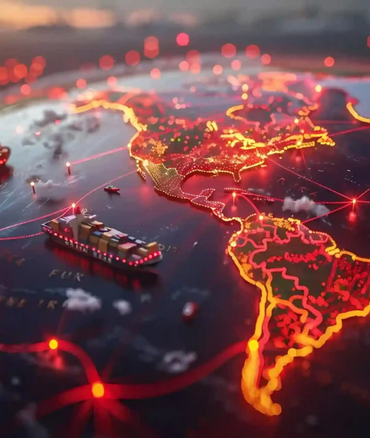 Mapa global iluminado com rotas de navios cargueiros conectando continentes, ilustrando como a busca por imagem do JoomPulse ajuda a encontrar fornecedores e importar produtos da China