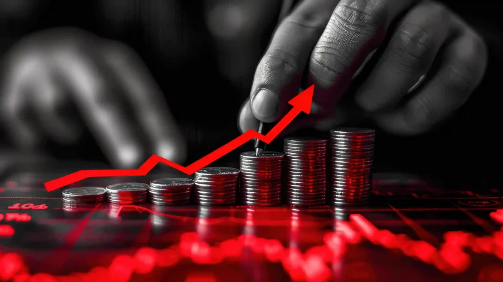 Mão posicionando caneta sobre pilhas crescentes de moedas com seta vermelha de alta, representando a simulação de margem no Mercado Livre para precificar produtos da Copa