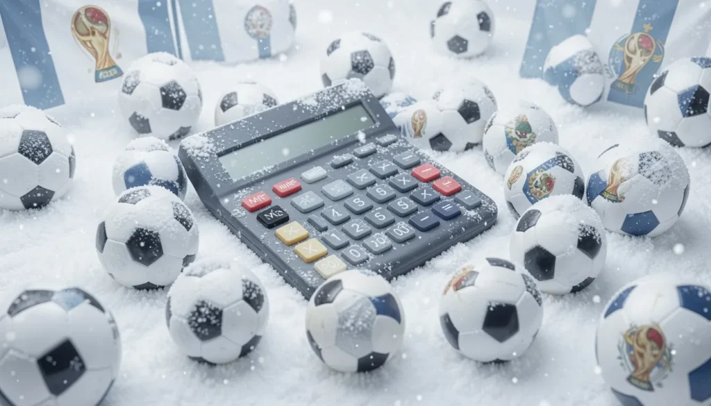 Calculadora cercada de bolas de futebol na neve, ilustrando o uso da calculadora de margem do JoomPulse para simular preços e calcular lucro antes da Copa e do inverno
