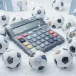 Calculadora cercada de bolas de futebol na neve, ilustrando o uso da calculadora de margem do JoomPulse para simular preços e calcular lucro antes da Copa e do inverno