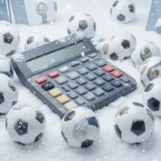 Calculadora cercada de bolas de futebol na neve, ilustrando o uso da calculadora de margem do JoomPulse para simular preços e calcular lucro antes da Copa e do inverno