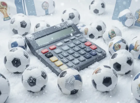 Calculadora cercada de bolas de futebol na neve, ilustrando o uso da calculadora de margem do JoomPulse para simular preços e calcular lucro antes da Copa e do inverno
