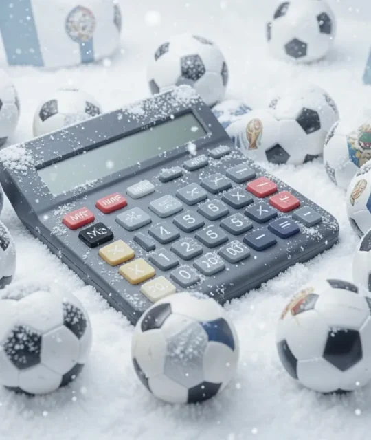 Calculadora cercada de bolas de futebol na neve, ilustrando o uso da calculadora de margem do JoomPulse para simular preços e calcular lucro antes da Copa e do inverno