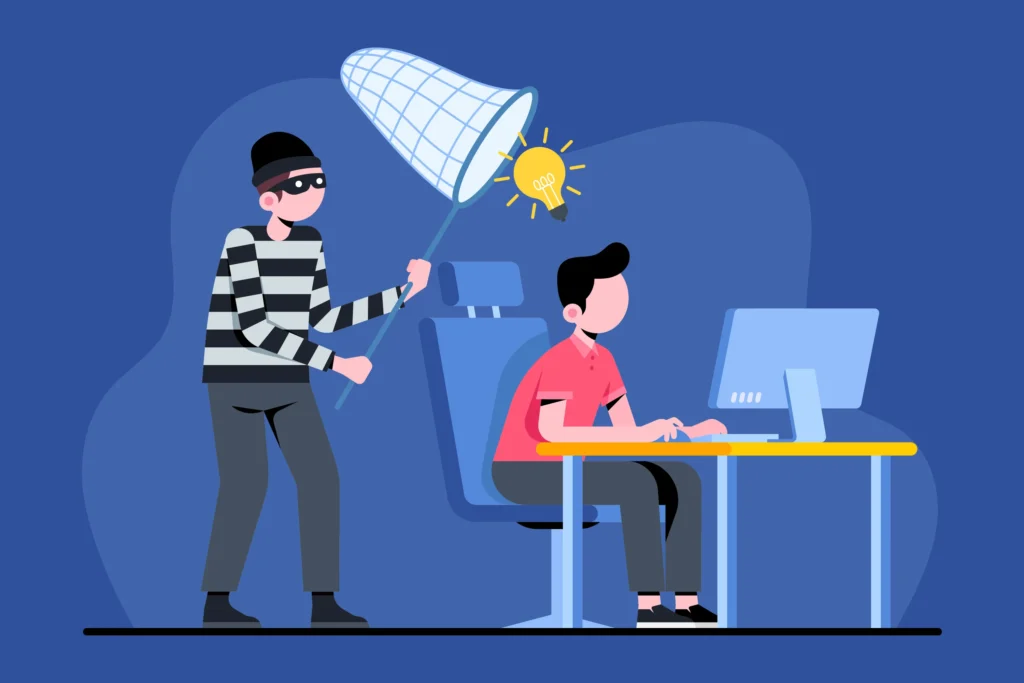 Ilustração de ladrão capturando ideia com rede enquanto vendedor trabalha no computador, representando o plágio de anúncio por concorrente no Mercado Livre