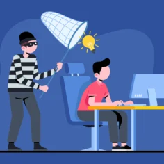 Ilustração de ladrão capturando ideia com rede enquanto vendedor trabalha no computador, representando o plágio de anúncio por concorrente no Mercado Livre