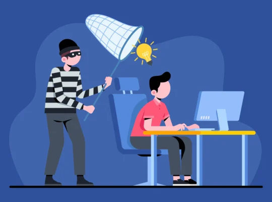 Ilustração de ladrão capturando ideia com rede enquanto vendedor trabalha no computador, representando o plágio de anúncio por concorrente no Mercado Livre