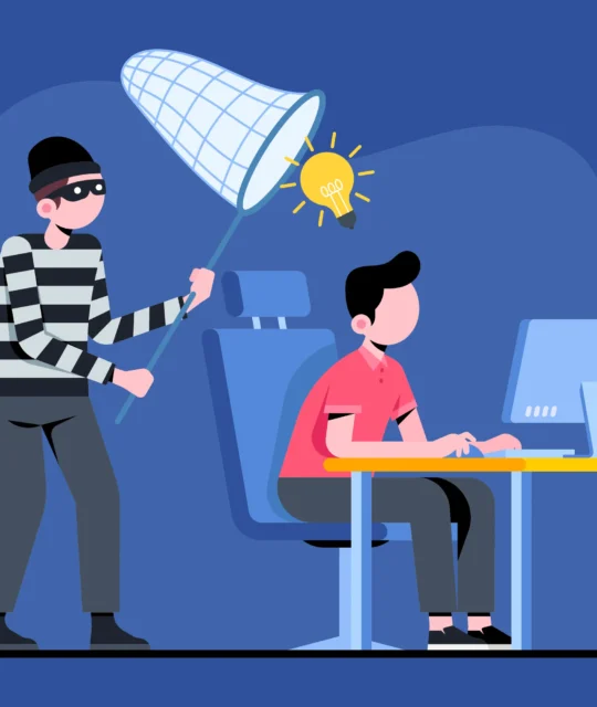 Ilustração de ladrão capturando ideia com rede enquanto vendedor trabalha no computador, representando o plágio de anúncio por concorrente no Mercado Livre