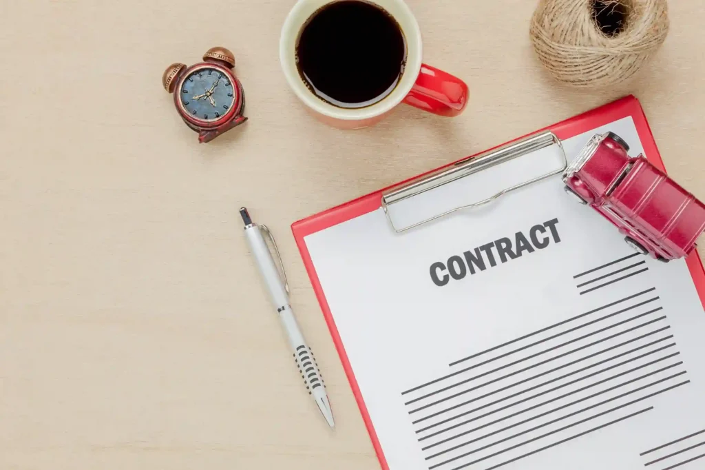 Prancheta com documento de contrato, caneta, relógio e xícara de café sobre mesa, representando as cláusulas de mudanças unilaterais nos termos de uso do Mercado Livre