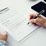 Pessoa assinando documento de termos e condições em prancheta, representando o contrato de adesão do Mercado Livre que todo vendedor aceita ao criar sua conta