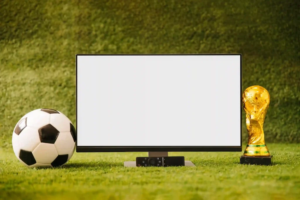 Televisão, bola de futebol e troféu dourado sobre gramado, representando as categorias de consumo doméstico em alta nas vendas da Copa do Mundo 2026