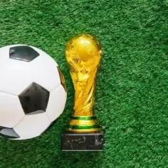 Bola de futebol e troféu dourado sobre gramado verde, ilustrando o comportamento de consumo em casa durante a Copa 2026 e o que vender para aproveitar o momento