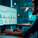 Vendedor analisando dashboard com múltiplos gráficos e métricas no monitor, representando o uso de dados da loja no Mercado Livre para tomar decisões e vender mais