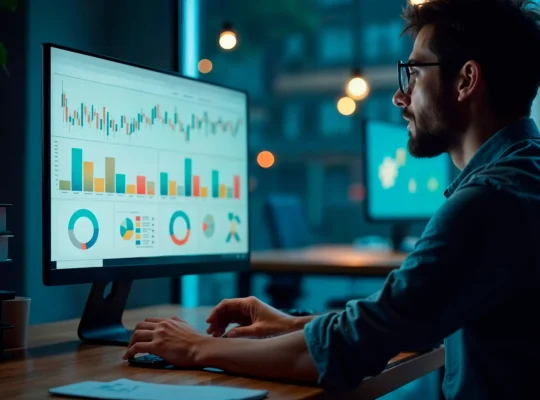 Vendedor analisando dashboard com múltiplos gráficos e métricas no monitor, representando o uso de dados da loja no Mercado Livre para tomar decisões e vender mais