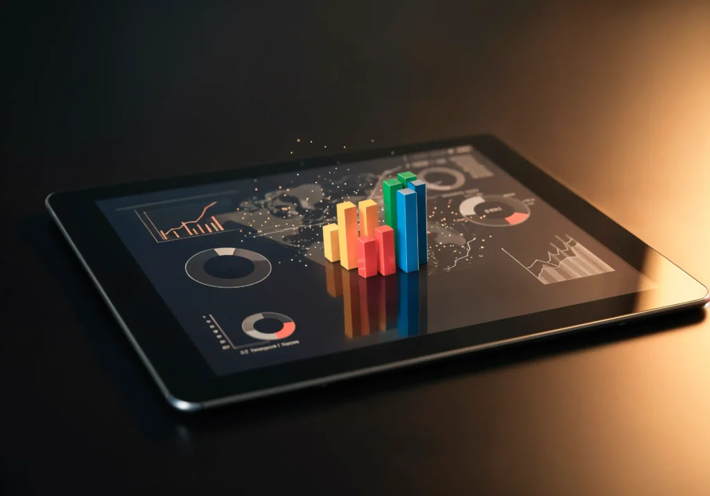 Tablet com gráfico de barras 3D colorido e painel de métricas, ilustrando a análise de dados de vendas no Mercado Livre e a decisão baseada em indicadores no e-commerce