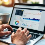 Pessoa analisando dashboard de vendas com gráficos e métricas no notebook, representando o monitoramento da operação no Mercado Livre