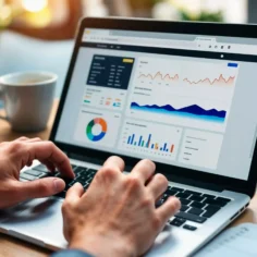 Pessoa analisando dashboard de vendas com gráficos e métricas no notebook, representando o monitoramento da operação no Mercado Livre