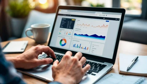 Pessoa analisando dashboard de vendas com gráficos e métricas no notebook, representando o monitoramento da operação no Mercado Livre