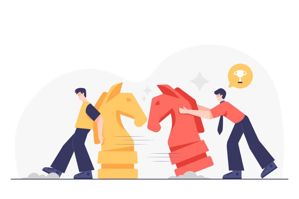 Ilustração de duas pessoas movimentando peças de xadrez gigantes nas cores amarelo e vermelho sobre fundo claro