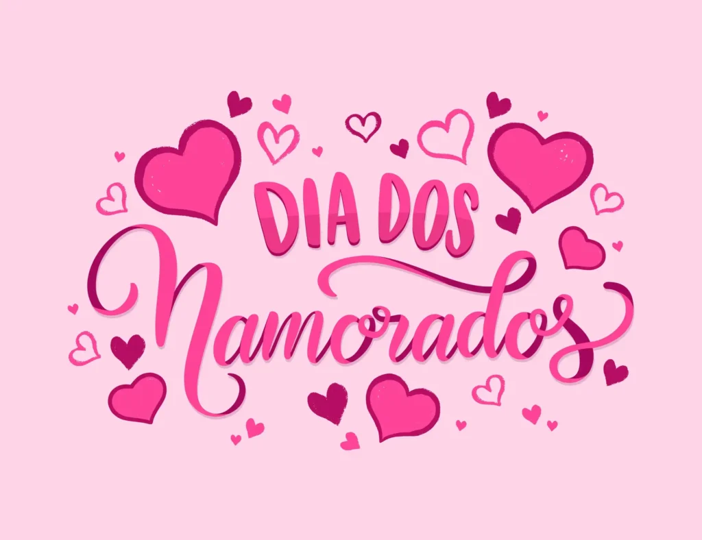 Ilustração com texto Dia dos Namorados em caligrafia rosa com corações ao fundo, representando as oportunidades de vendas e o que vender no Dia dos Namorados 2026