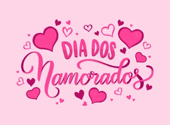 Ilustração com texto Dia dos Namorados em caligrafia rosa com corações ao fundo, representando as oportunidades de vendas e o que vender no Dia dos Namorados 2026