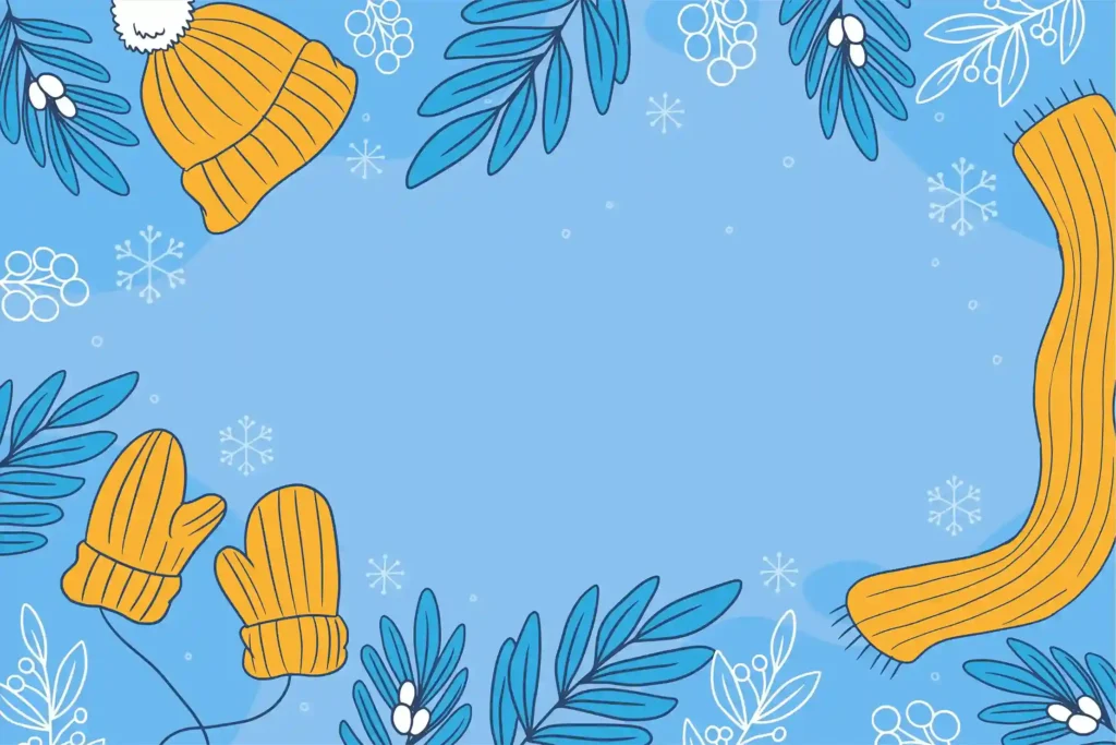 Ilustração de gorro, luvas e cachecol amarelos com flocos de neve e folhas azuis, representando as categorias de produtos de inverno em alta no Mercado Livre em 2026