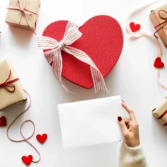 Flatlay com caixa coração vermelha, presentes embrulhados e corações decorativos, ilustrando kits do Dia dos Namorados 2026 para vender no e-commerce