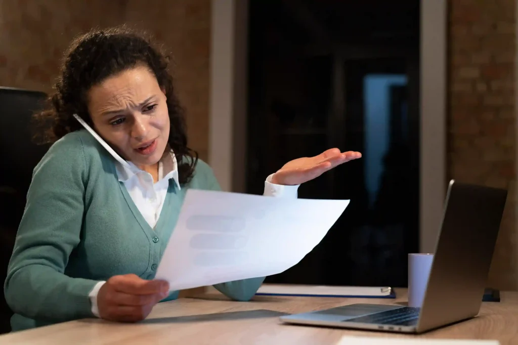 Profissional multitarefa em escritório analisando documentos e falando ao telefone, com laptop sobre a mesa