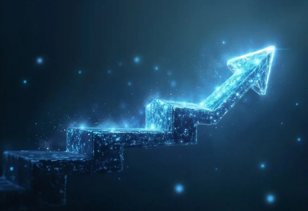 Seta digital luminosa subindo em degraus sobre fundo azul escuro, representando o momento certo de fazer upgrade entre os planos Classic, Gold e Platinum no Mercado Livre