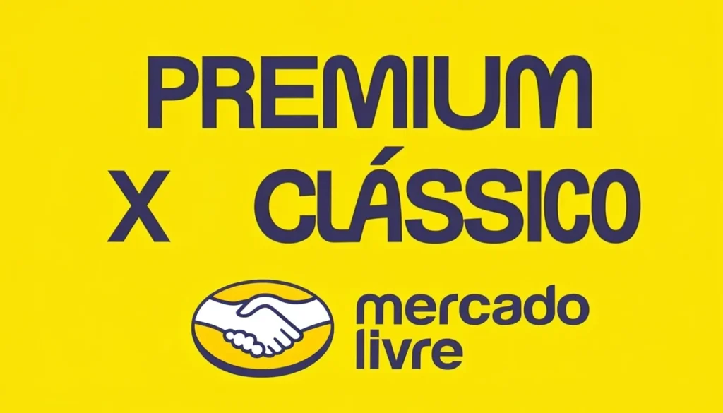 Arte com texto Premium x Clássico e logo do Mercado Livre sobre fundo amarelo, ilustrando a comparação entre os planos Classic, Gold e Platinum para vendedores